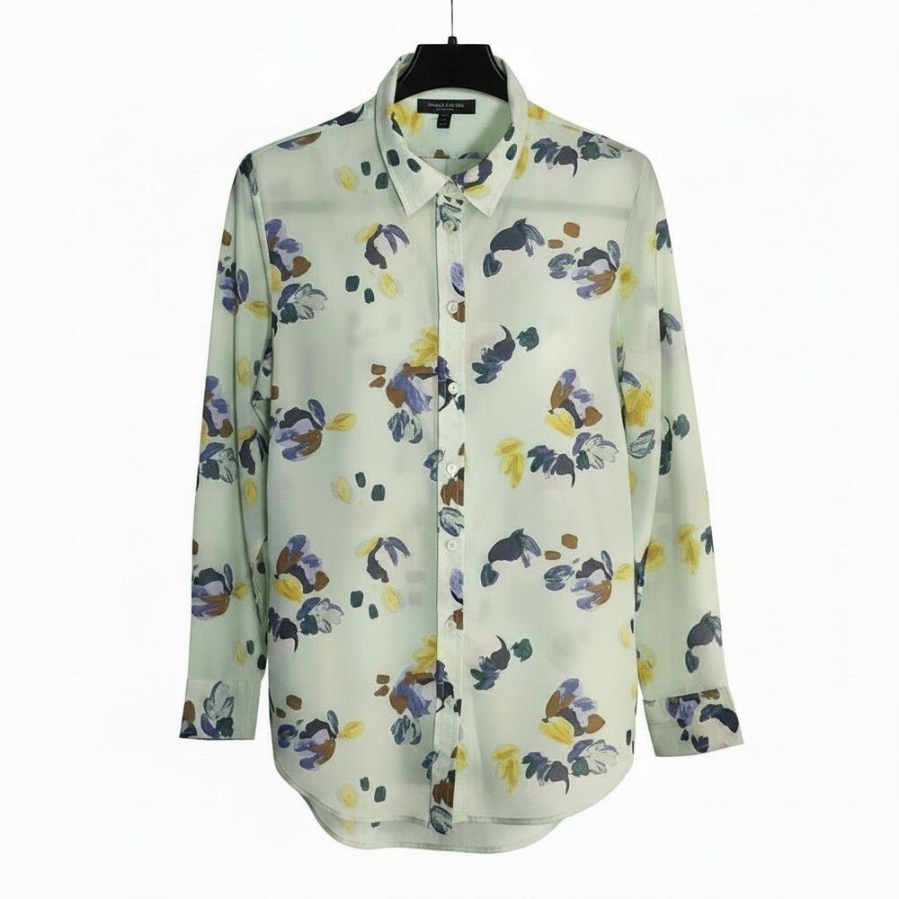 Banana Republic Women's Dillon-Fit Long-Sleeve Floral Blouse Shirt Mint Size L